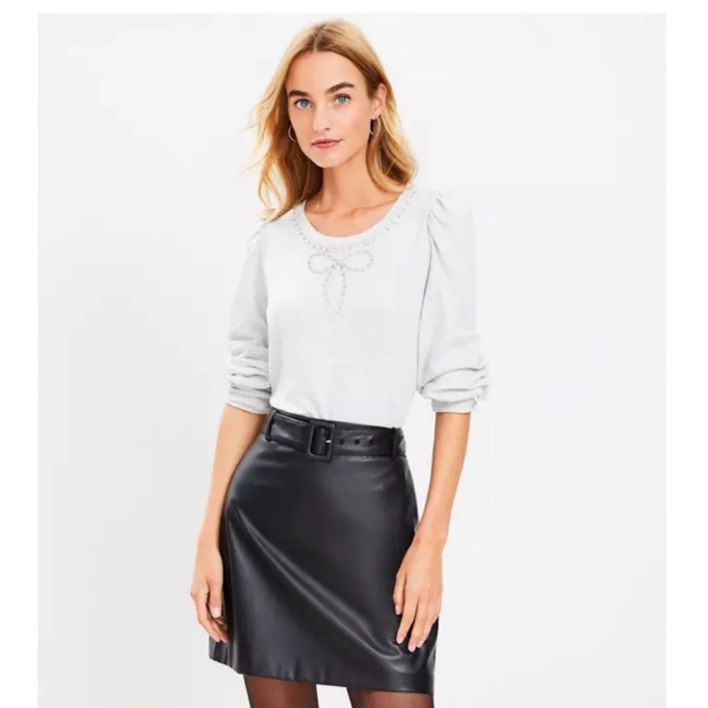 Loft Vegan Black Faux Leather belted fall mini Skirt NWT size 2P